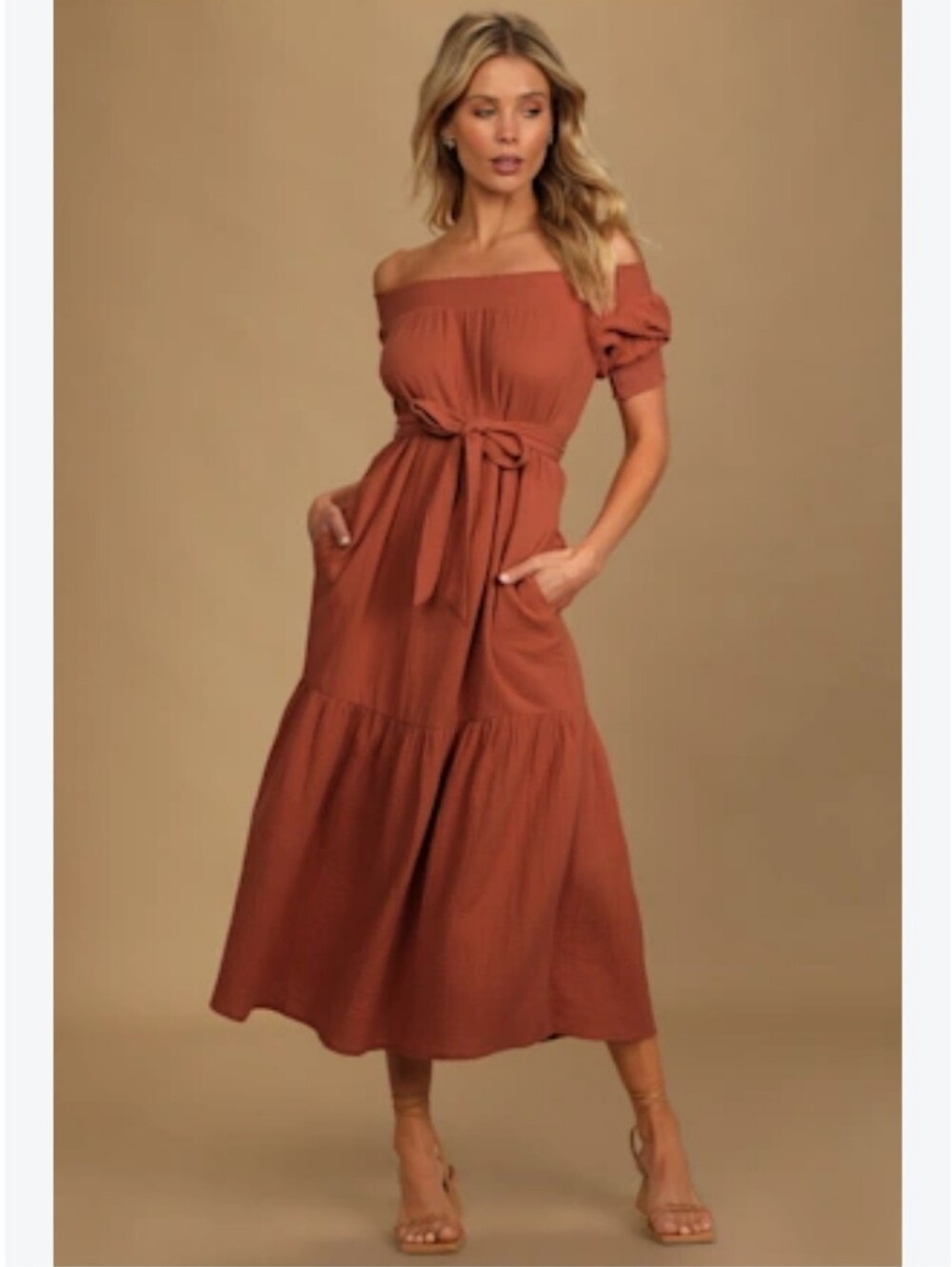 Lulus Off-Shoulder Tie-Waist Maxi Dress in Rust Orange